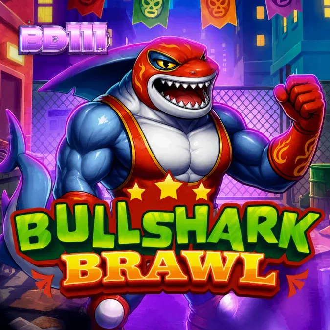 Bullshark Brawl slot machine featuring luchador shark characters in a wrestling ring